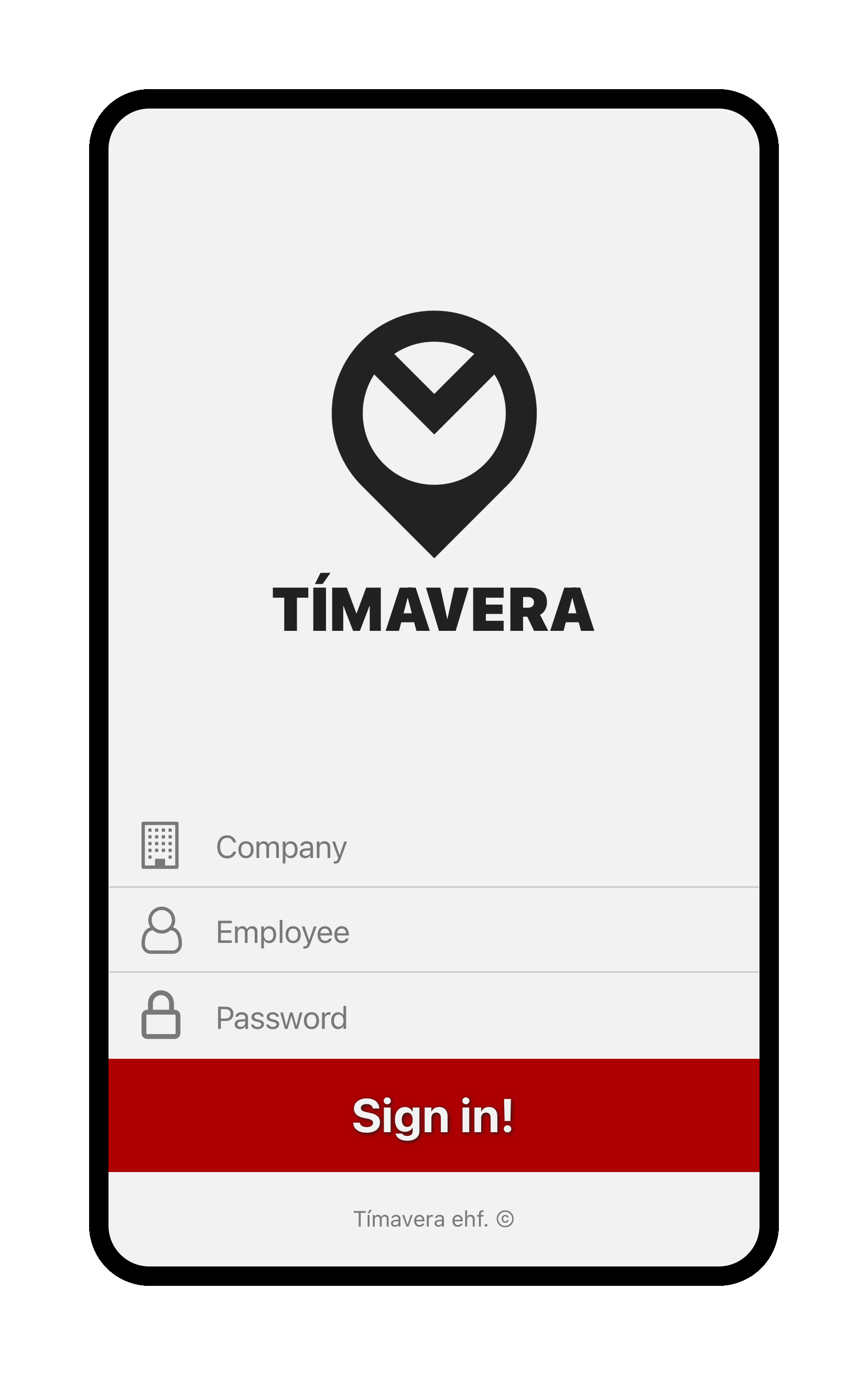 Captura de ecrã do ecrã de login na aplicação Tímavera. Campos para nome da empresa, nome de utilizador do funcionário e palavra-passe. Botão vermelho de entrar.