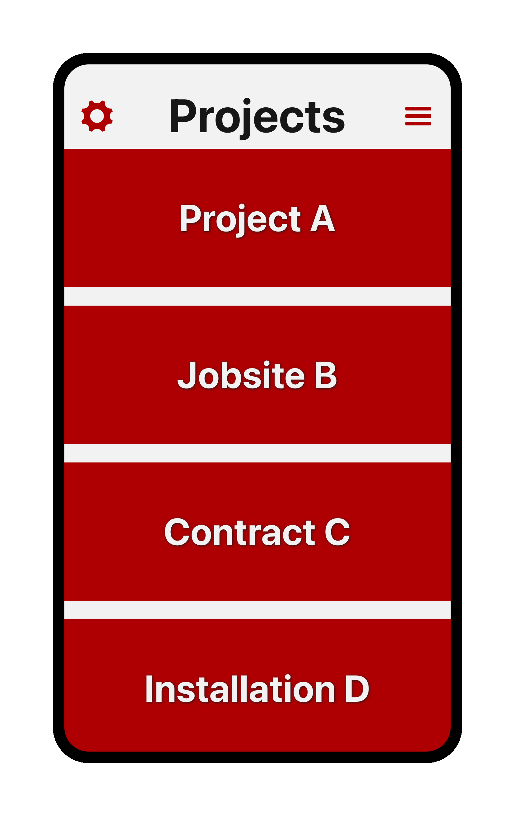 Captura de ecrã da lista de projetos na aplicação Tímavera. Cada projeto é um grande botão vermelho. Os projetos mostrados são Projeto A, Local de Trabalho B, Contrato C. No canto superior esquerdo está um ícone de engrenagem que mostra o ecrã de configurações. No canto superior direito está um ícone de três iguais que mostra aos funcionários as suas entradas de tempo.