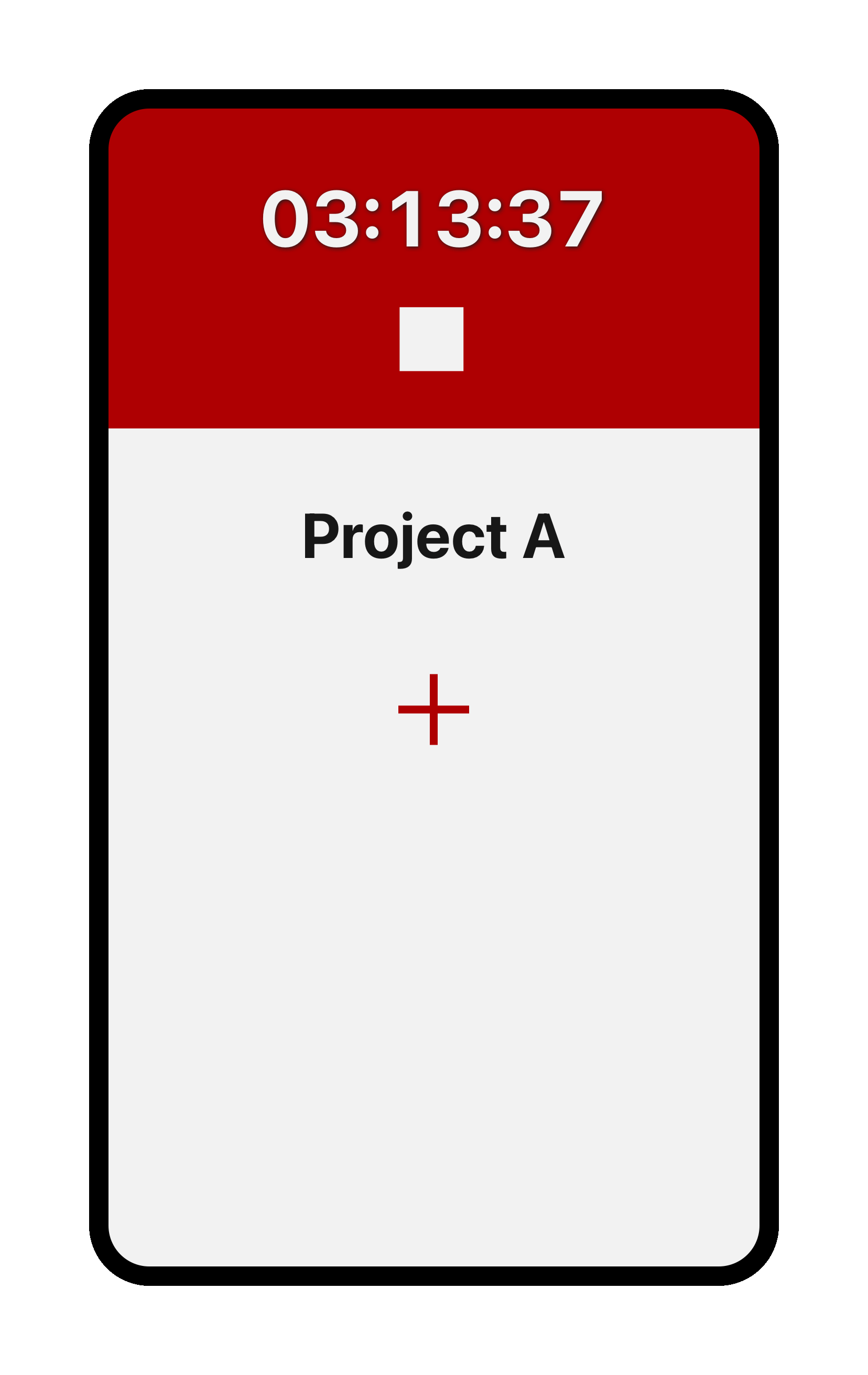 Captura de ecrã da aplicação Tímavera onde um funcionário registou entrada no Projeto A. O tempo decorrido é 03:13:37. Um grande botão vermelho com a etiqueta Registar Saída está no centro. Um botão menor Adicionar comentário está abaixo.