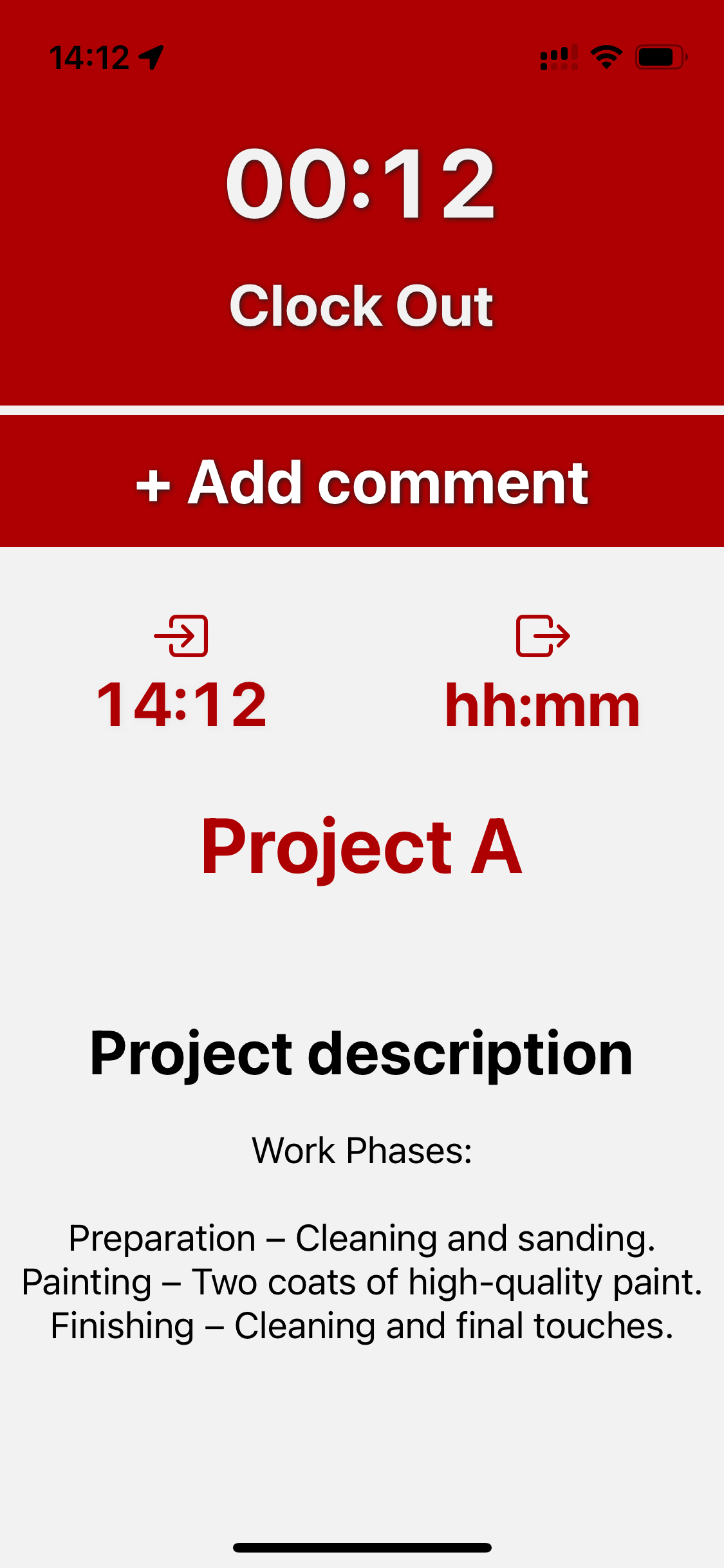 Tela da aplicação móvel mostrando uma descrição de projeto enquanto registrado.