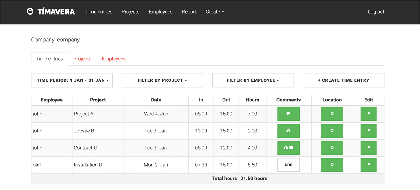 Captura de ecrã do painel do website Tímavera. Lista de entradas de tempo por funcionários em diferentes projetos.